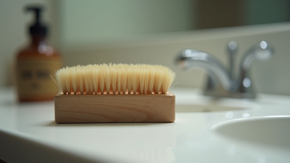 Eye-level view of a boar bristle beard brush resting on a bathroom counter