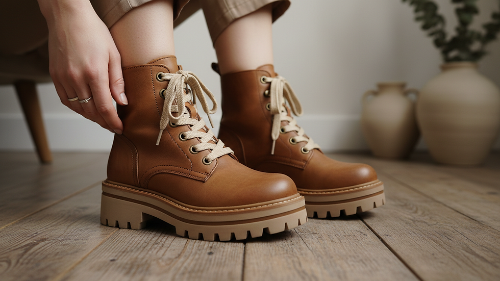 Close-up view of chunky platform boots on a wooden floor