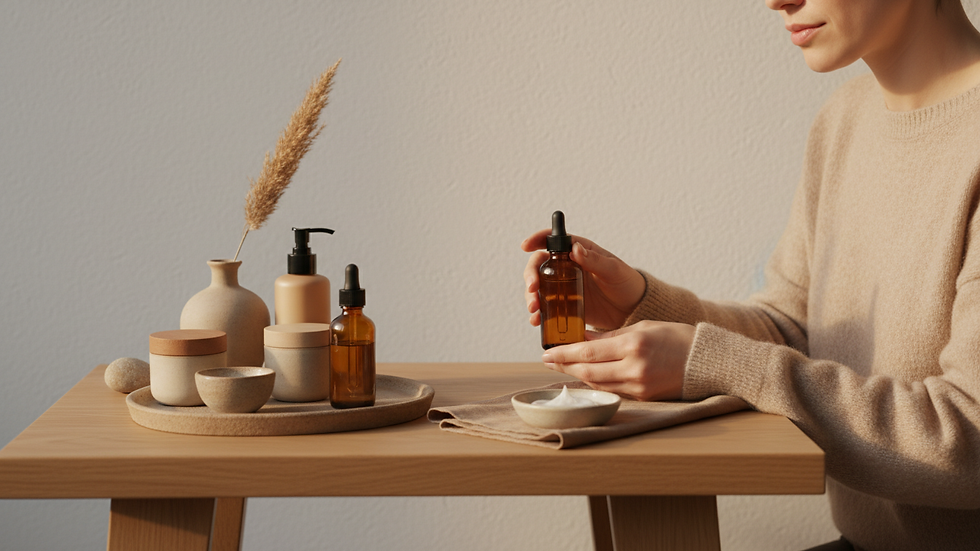 Eye-level view of a minimalist vanity table with beauty essence and skincare products