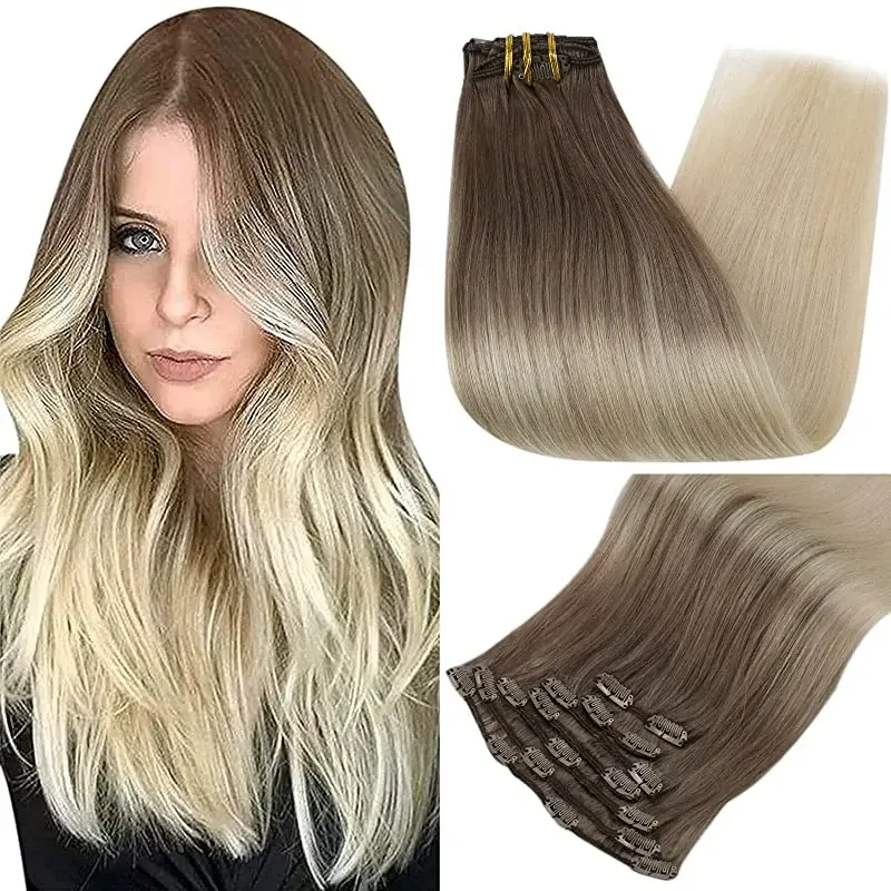 Thumbnail: Clip in Hair Black Balayage Silver 18Inch 7Pcs Real Human Hair Straight 120G