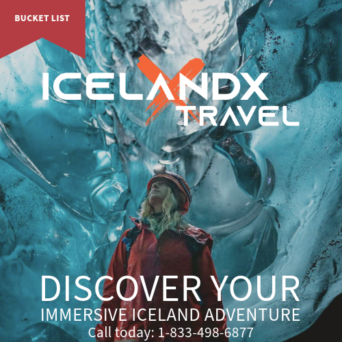 Person wearing a red jacket stands inside a blue icy cave. Text reads ICE LANDX TRAVEL, DISCOVER YOUR ADVENTURE. Call: 1-833-498-6877.