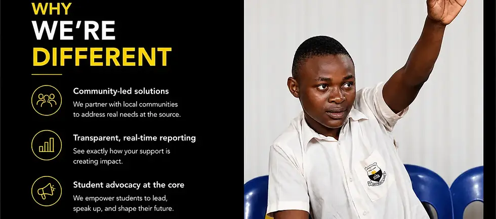 Ugandan student raising hand for education and sanitation nonprofit