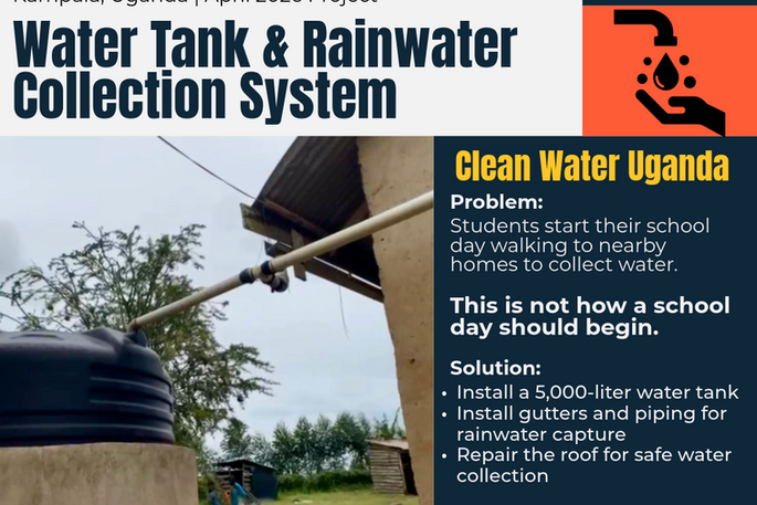 Rainwater collection system with water tank and repaired roof at a primary school in Kampala, Uganda
If you want a stronger donor appeal version or a shorter version for mobile display, that can be adjusted.
