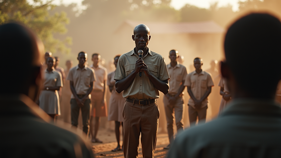 Eye-level view of a speaker addressing a community gathering in Uganda