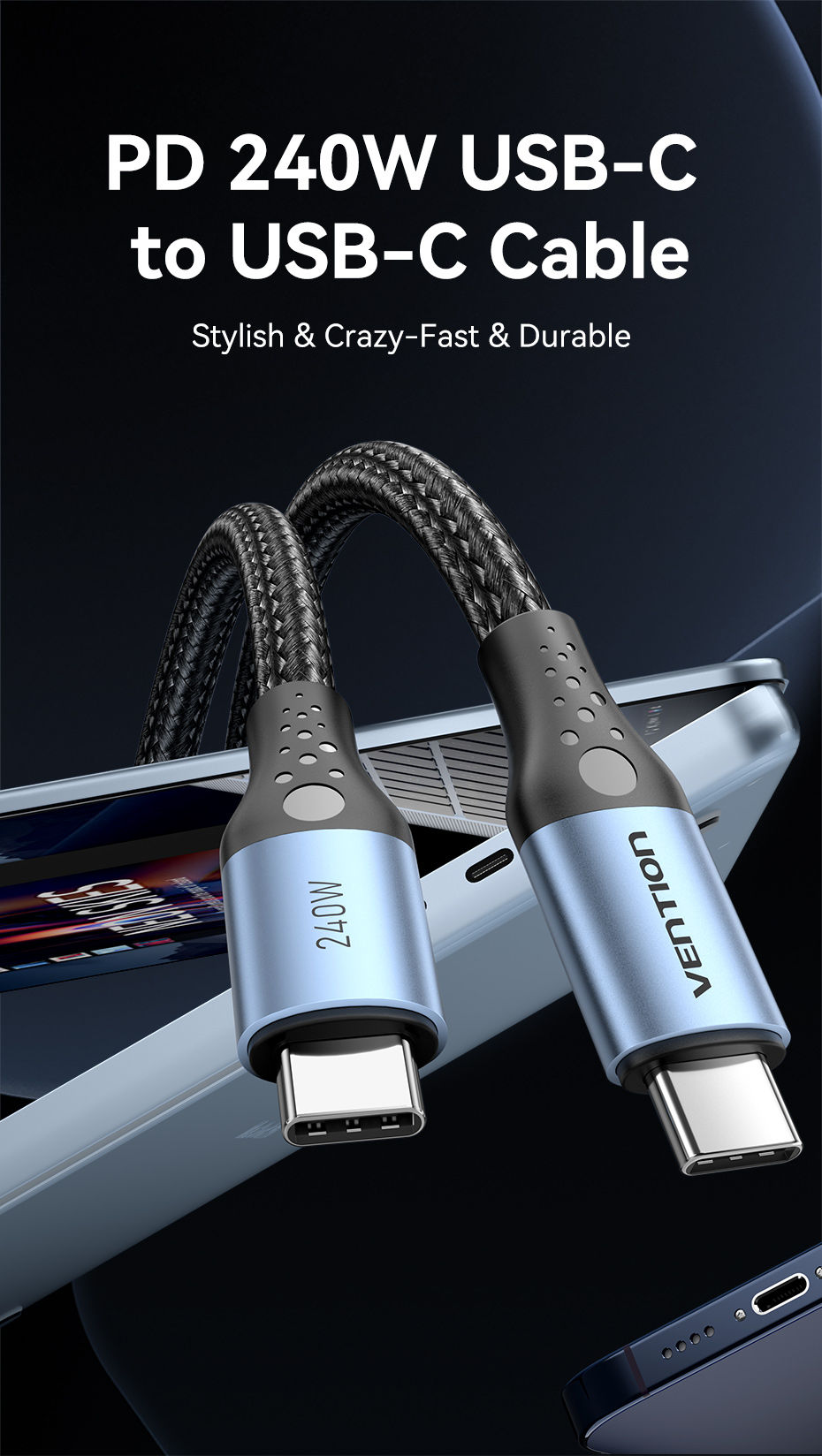 Thumbnail: Vention 240W Cable Type C to Type C Cable PD3.1 5A  Fast Charging Cord for iphon
