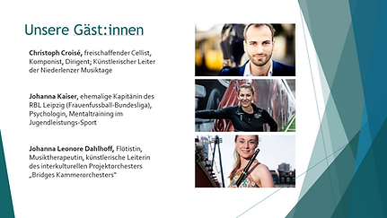 Flyer zur Ankündigung der Podiumsdiskussion im rahmen der Sommerakademie der Studienstiftung des deutschen Volkes 2024, organisiert von Dr. Teresa Wenhart, Musik-Neurowisseschaftlerin und Psychologin sowie Cellistin und Leiterin eine der Arbeitsgruppen. Gäste der Podiumsdiskussion zum Thema Mentale Stärke in Musik & Sport sind der international bekannte Cellist Christoph Croisé, die Flötistin und leiterin des interkulturellen Projektorchesters Bridges Kammerorchester Johanna Leonore Dahlhoff und Johanna Kaiser, ehemalige deutsche Fussballnationalspielerin und Psychologin