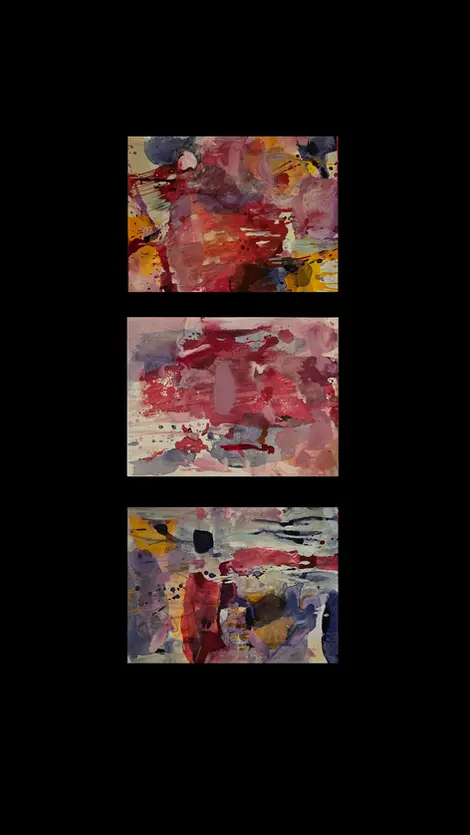 Synästhetische Acryl-Komposition eines Musikstücks mit dem Titel "Zwischen den Welten" in c-Moll, basierend auf literarischen Werken von Goethe, Eichendorff und Novalis, gemalt von Teresa Wenhart