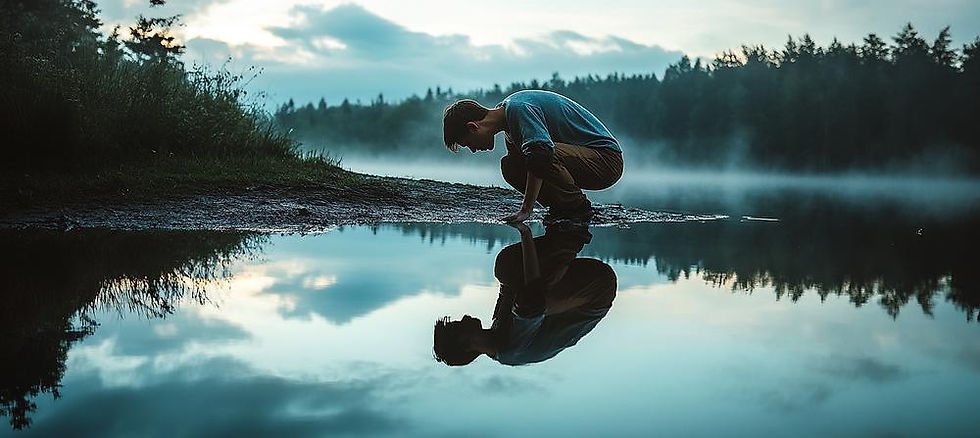 Personne contemplant son reflet dans une eau calme, illustrant l'authenticité, la cohérence et le leadership humain.