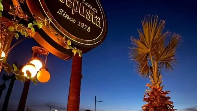 Illuminated Tavacı Recep Usta sign beside palm trees at sunset on İzmir’s Alsancak waterfront.
