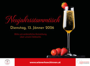 Sektglas mit Erdbeeren und Info, dass am 13.01.26 der naechste Stammtisch stattfindet.