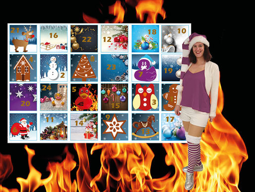 speedis E-Mail-Adventkalender und Tanja Helm vor einem Feuer