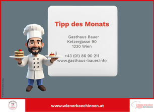 KI generierter Koch mit einer Torte in der Hand, daneben stehen die Kontaktdaten vom Gasthaus Bauer