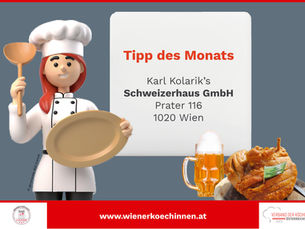 Koechin hat Kochloeffel und Teller in der Hand - steht neben Bier und Stelze vom Schweizerhaus