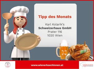 Koechin hat Kochloeffel und Teller in der Hand - steht neben Bier und Stelze vom Schweizerhaus