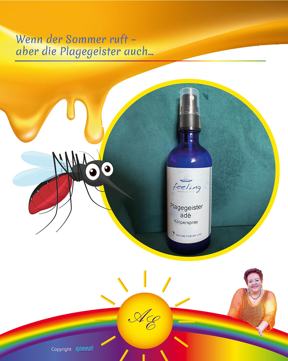 Gezeichnete Gelse nebem dem feeling Plagegeister Ade Koerperspray