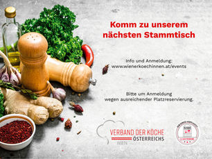 Salz und Pfeffermuehle und Gewuerze; Text: Komm zu unserem naechsten Stammtisch