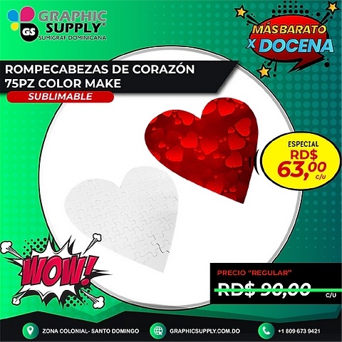 ROMPECABEZA DE CARTON FORMA DE CORAZON DE 70PZ SUBLIMABLE COLOR MAKE  Graphic Supply RD