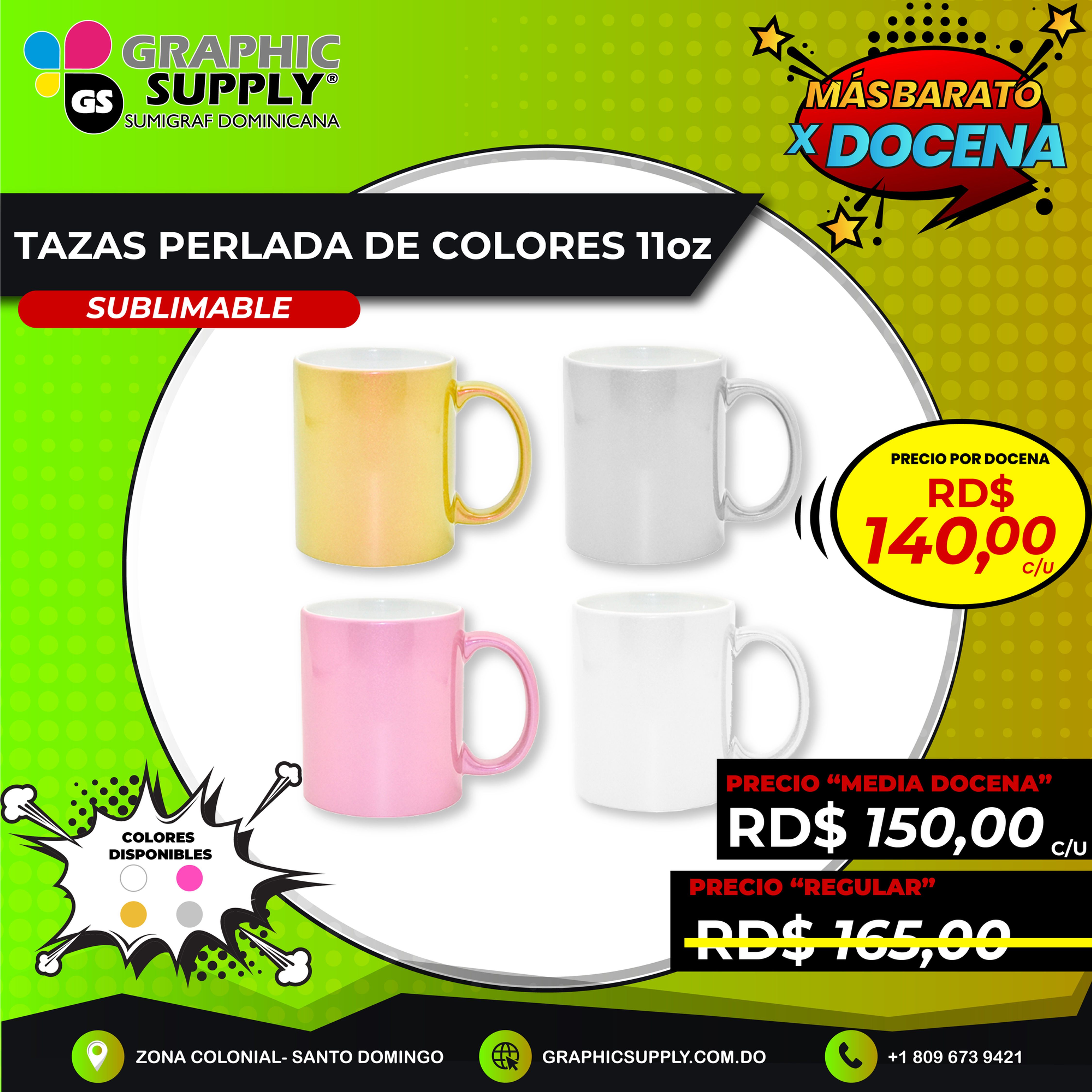 TAZA PERLADA DE COLORES PARA SUBLIMAR 11 OZ