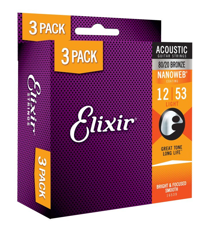 Elixir - 80/20 Bronze Nanoweb Acoustic Guitar Strings, 3-Pack 12-53
