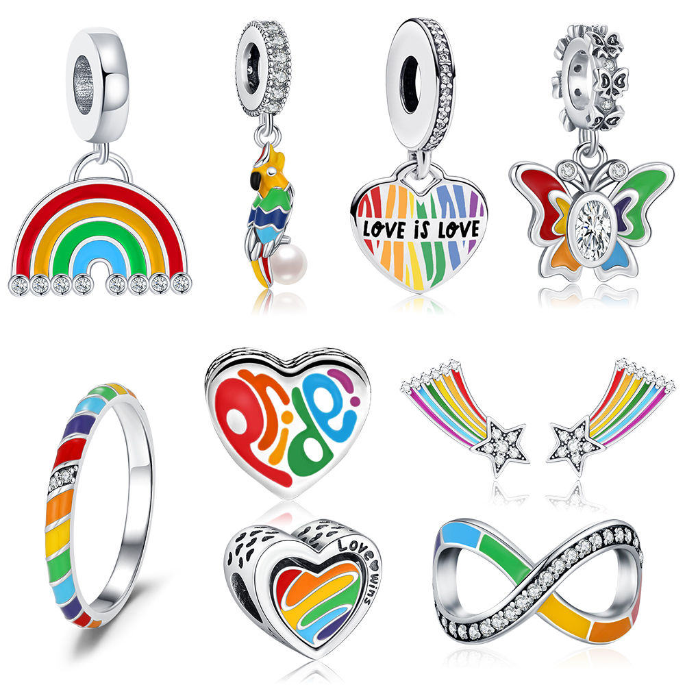 2025 Hot 925 Sterling Silver Rainbow Pride Month Charm Pendant heart bead unlimi
