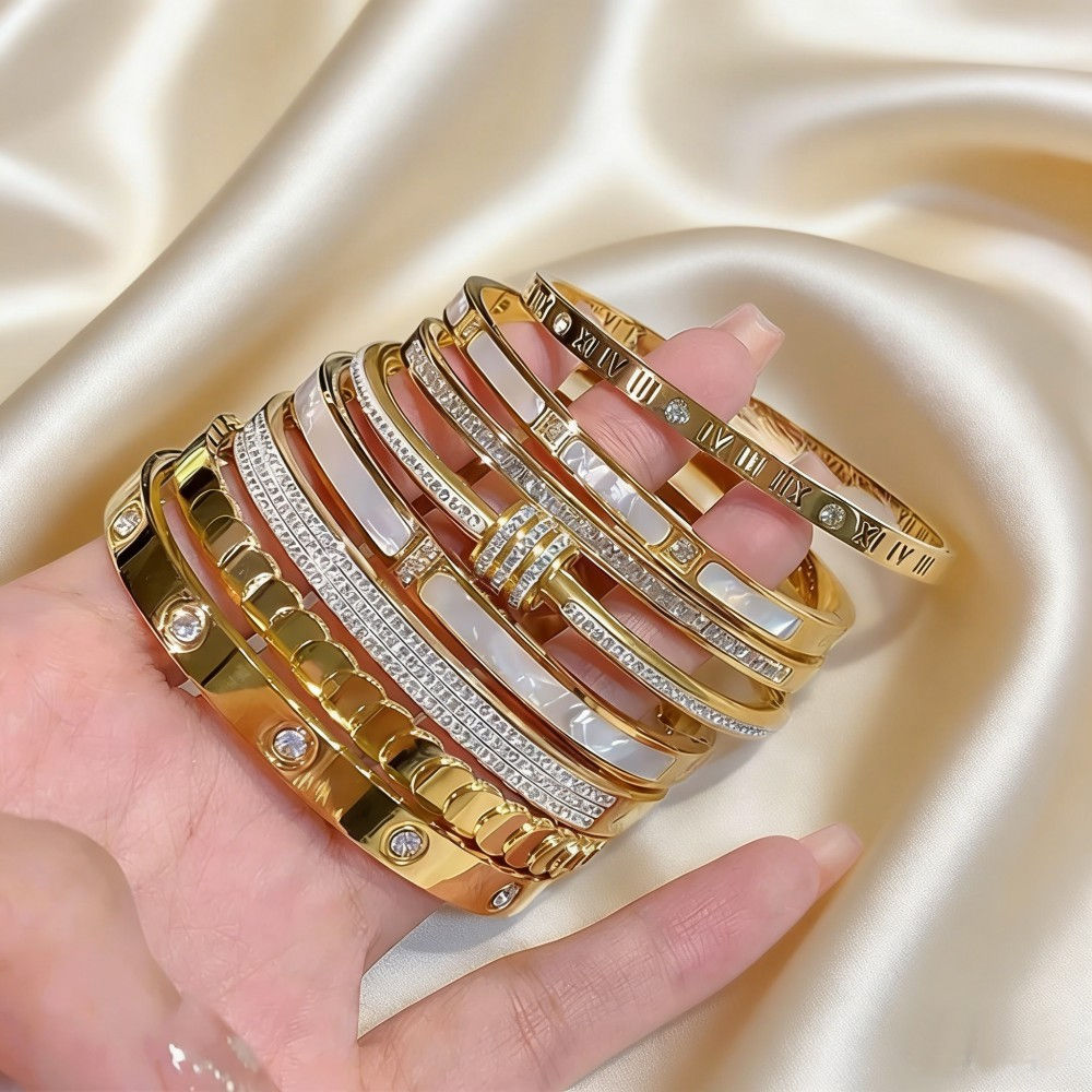 Luxury Gold Plated Stainless Steel Bangle Bracelet for Women Fashion Jewelry Acc