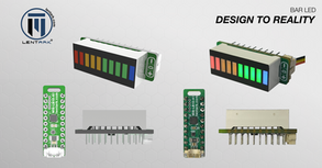 Product image showing the MIS-LB10-A1 LED bar indicator with design renderings, PCB module views, and real product comparison.
