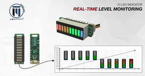 Product image showing the MIS-LB10-A1 10-LED bar indicator used for analog level monitoring.