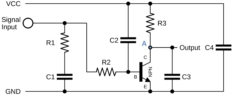 Decoupling and bypass capacitor applications at signal input, transistor nodes and supply lines in an electronic circuit.