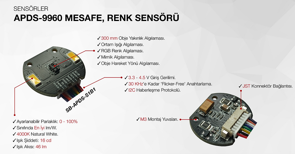 Yakınlık, renk, ortam ışığı ve hareket yönü algılama özellikleri sunan SB-APDS-S1B1 APDS-9960 sensör kartı