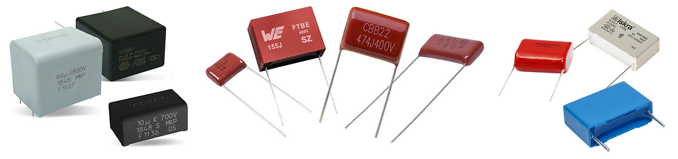 Film capacitors used in electronic circuits for AC coupling, filtering, snubber, and power electronics applications.