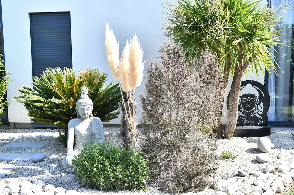 Vue en plongée d’un jardin paysagé zen avec un chemin de pierre
