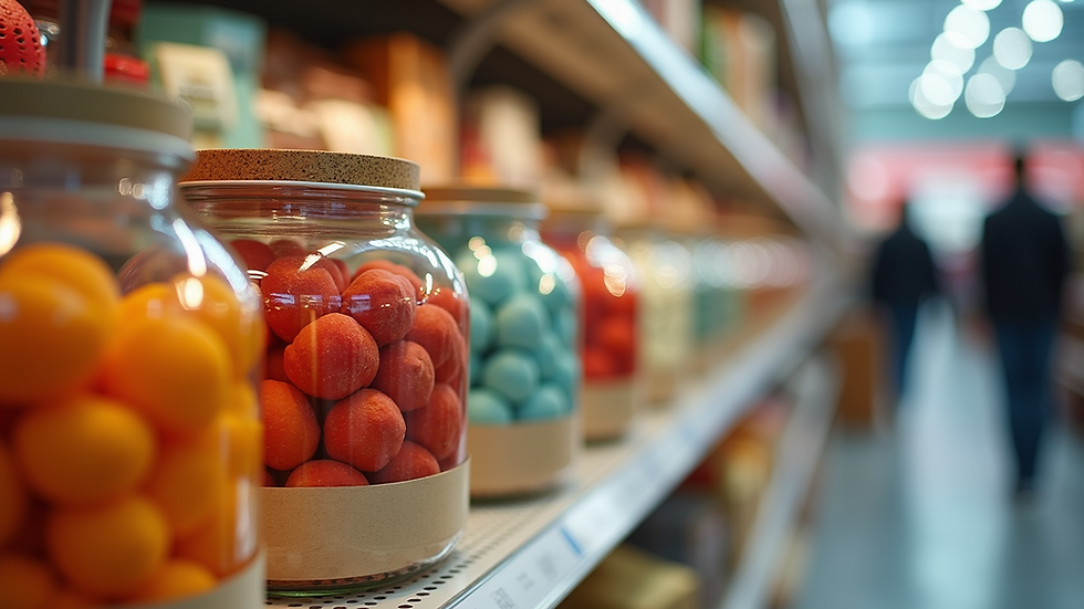 Eye-level view of a vibrant product display showcasing BHS offerings