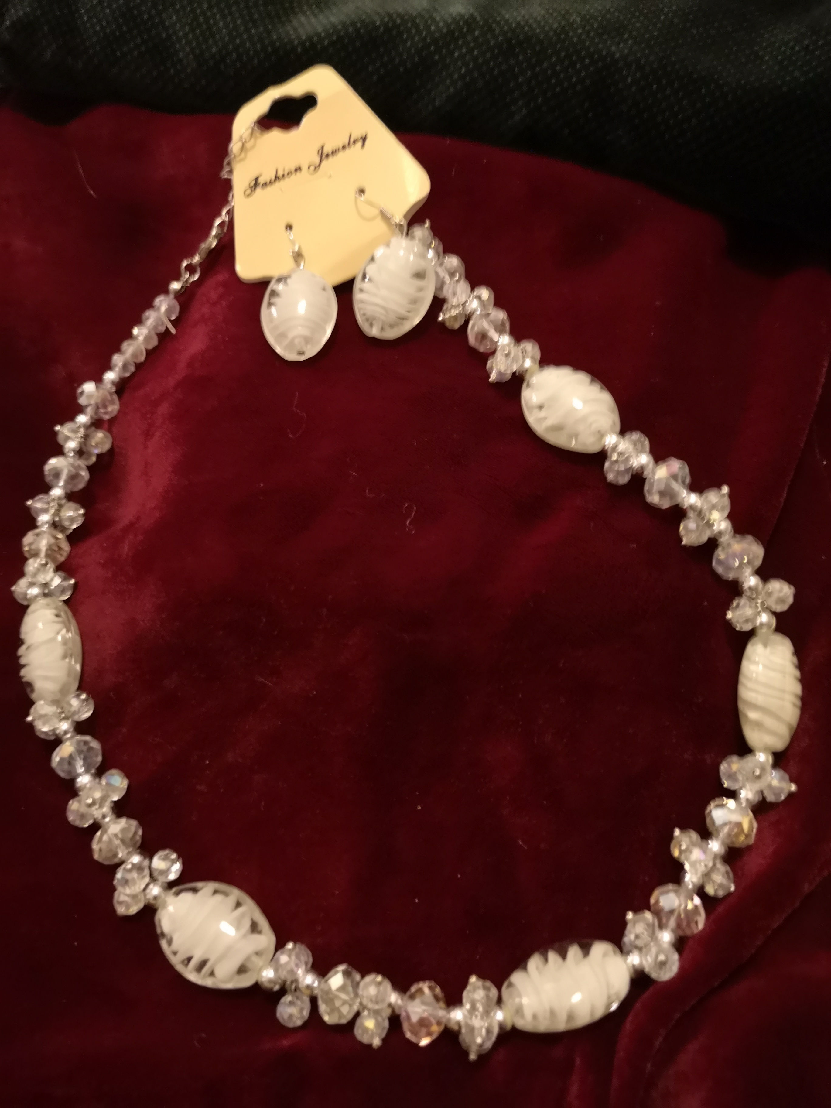 Crystal and Milk glass necklace and earrings set