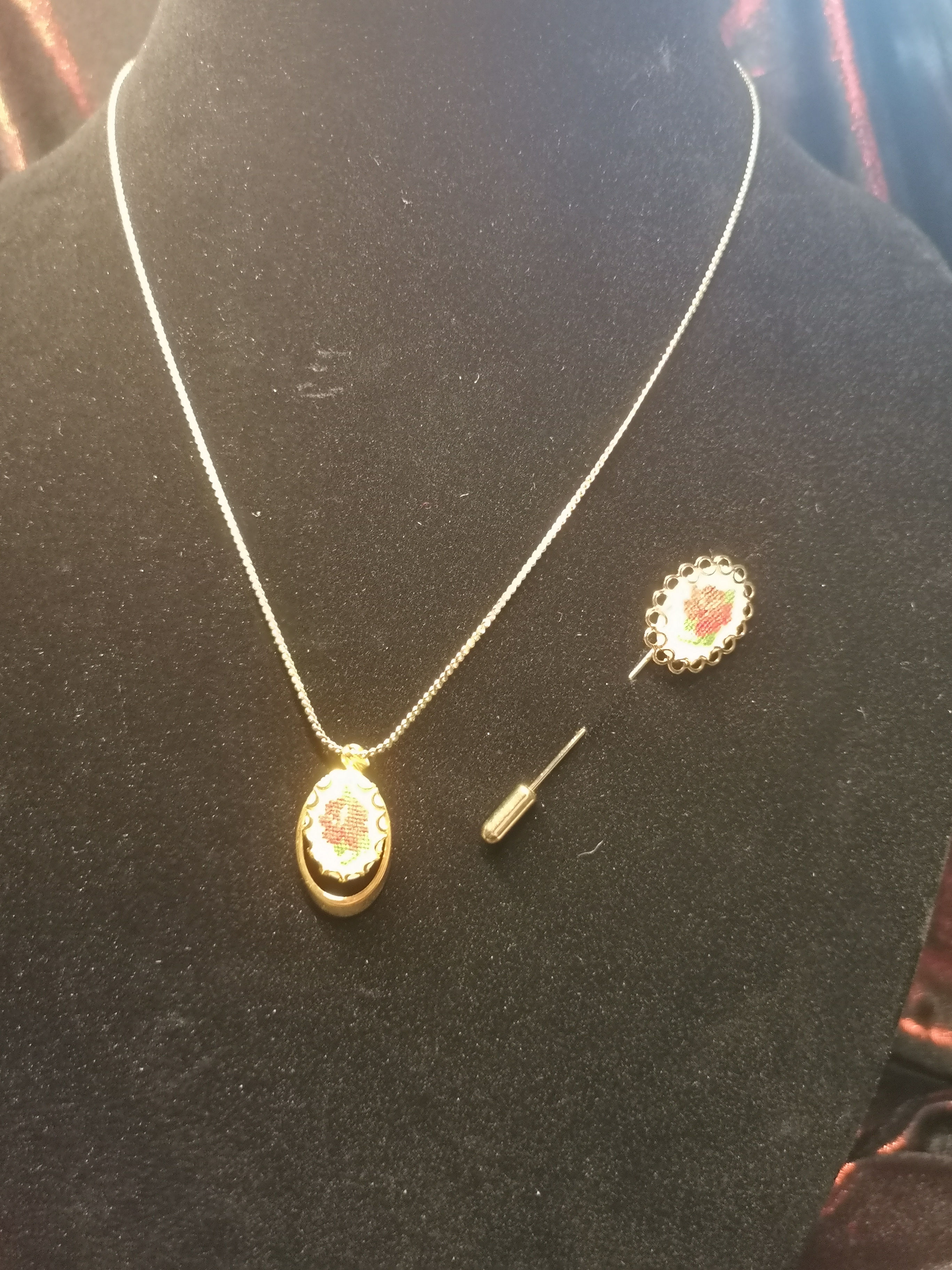 Rose Cross Stitch Necklace and Pin Set.