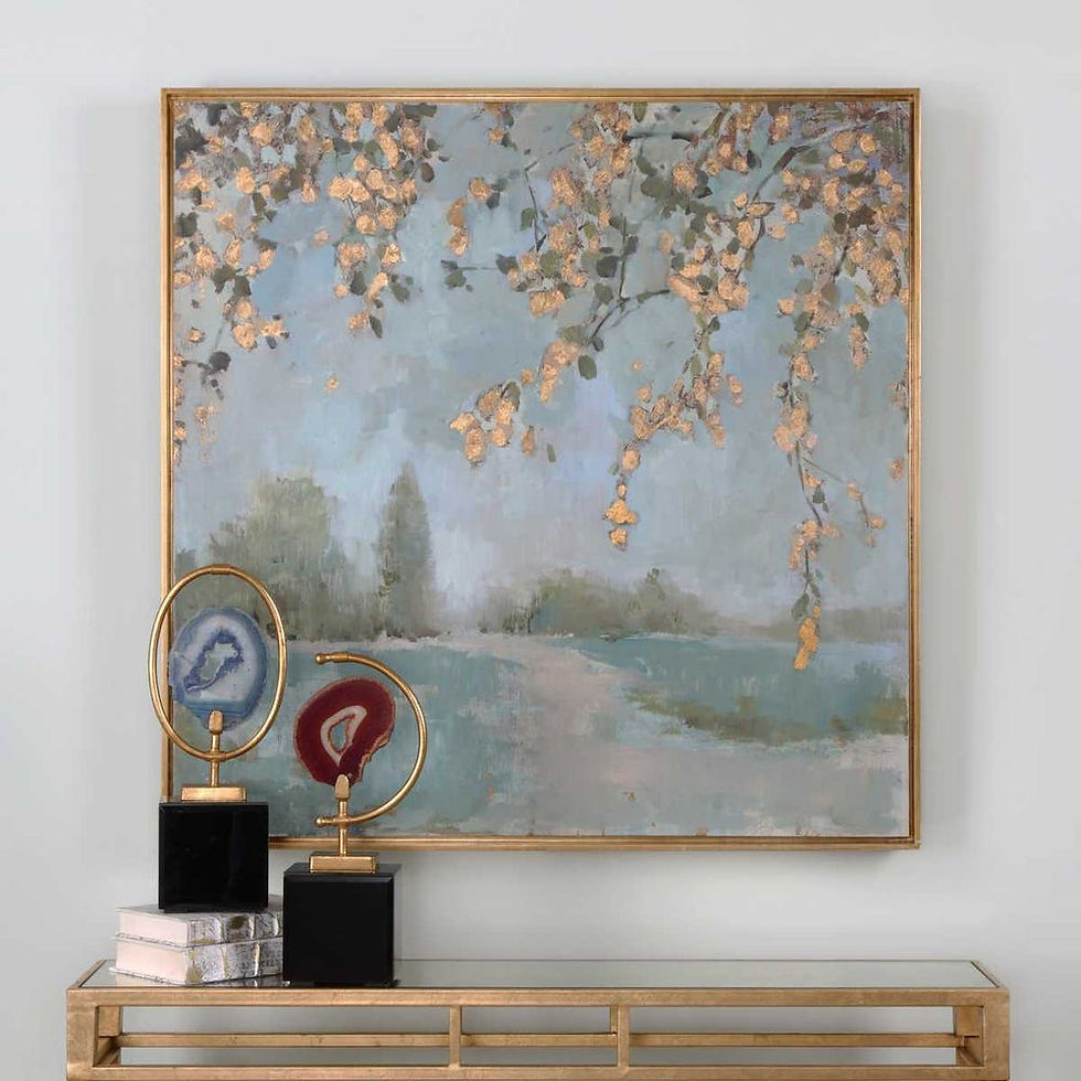 Peaceful hand painted canvas: gold leaves, serene landscape