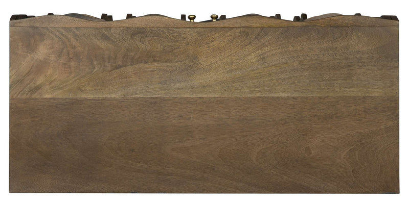 Thumbnail: Top view of a rustic wooden furniture piece with ornate metal details.