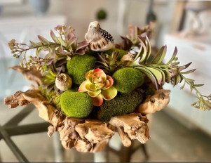 Arrangement of succulents, moss, and bird in wooden bowl for decoration.