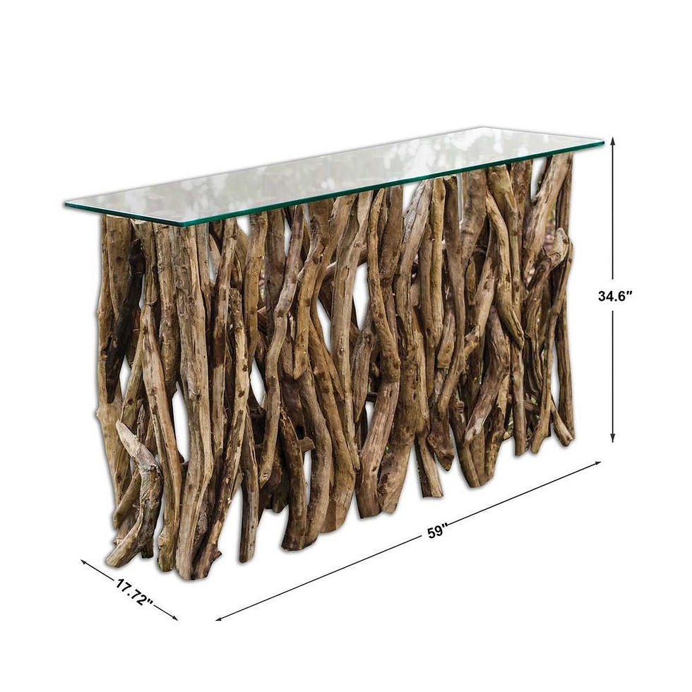Thumbnail: Rustic driftwood console table with glass top and dimensions, for a home.