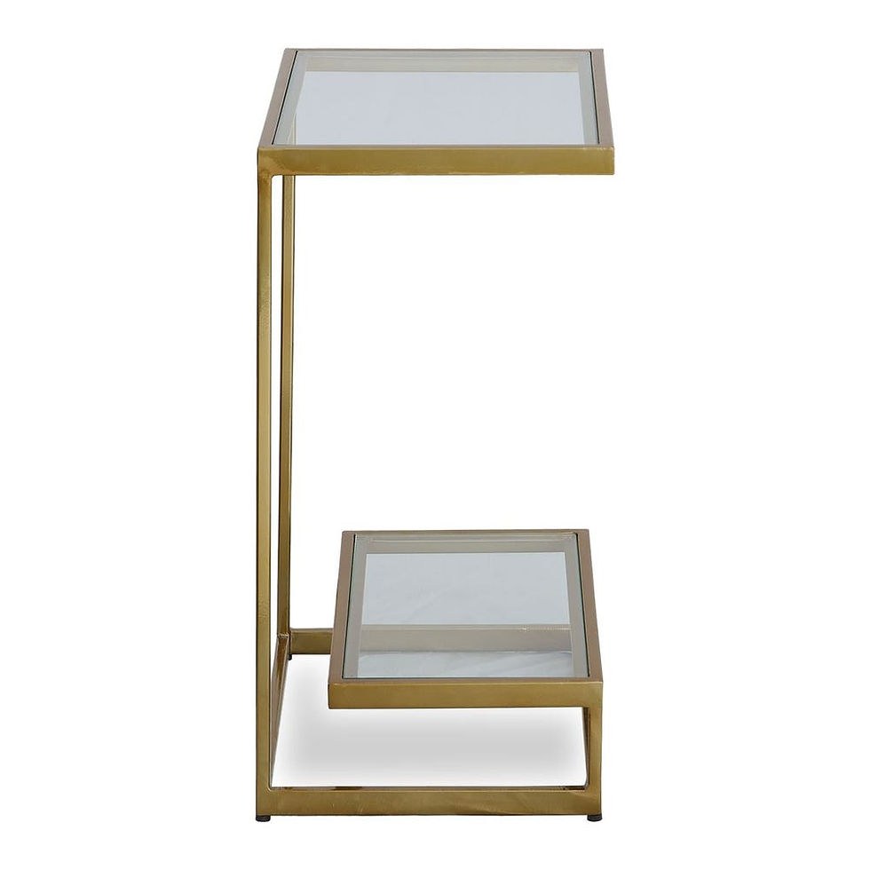 Thumbnail: Modern gold side table with two glass shelves, stylish home decor.