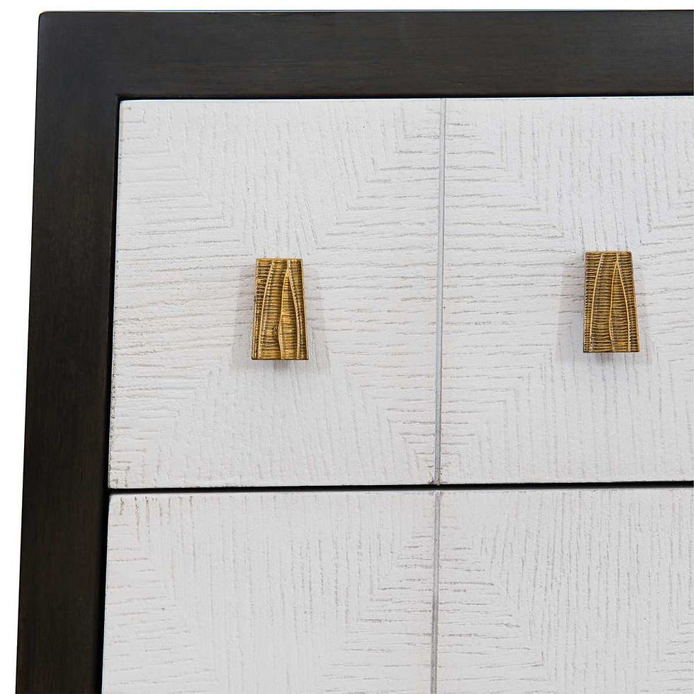 Thumbnail: White textured cabinet with gold handles against a dark frame, close-up view.