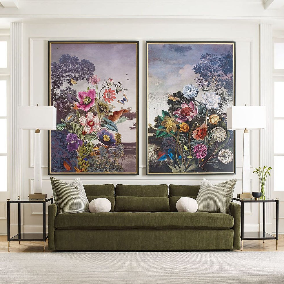 Thumbnail: Two floral paintings above green sofa with side tables and lamps Inspirations Raleigh