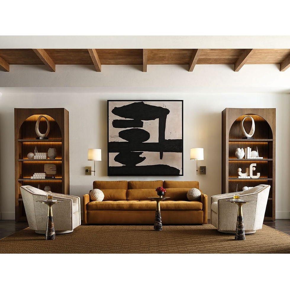 Living room with mustard sofa, art, shelves, and white chairs. Inspirations Raleigh