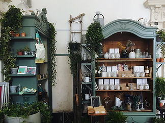 Vintage green cabinets with products and plants in a shop