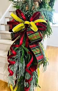 Festive plaid and red bow on staircase garland The Art of Bow Making-Holiday Edition.