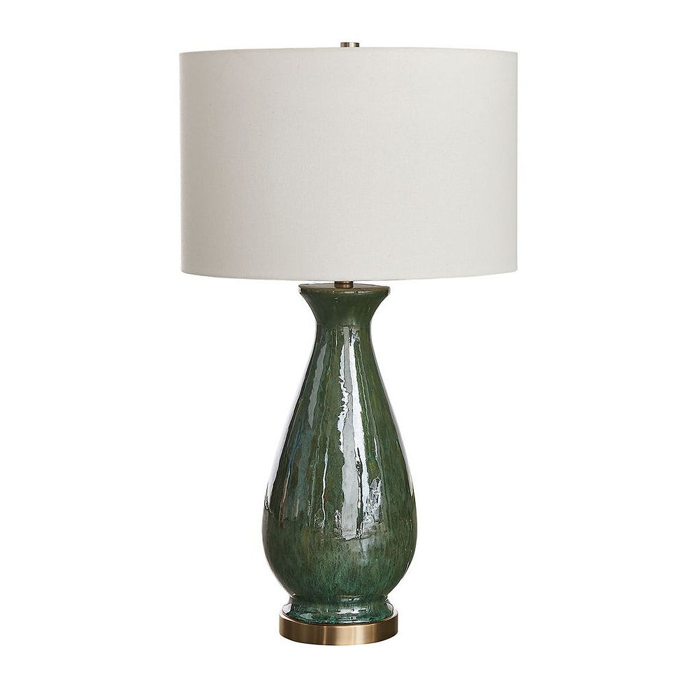 Thumbnail: Green ceramic table lamp with a white lampshade and gold base