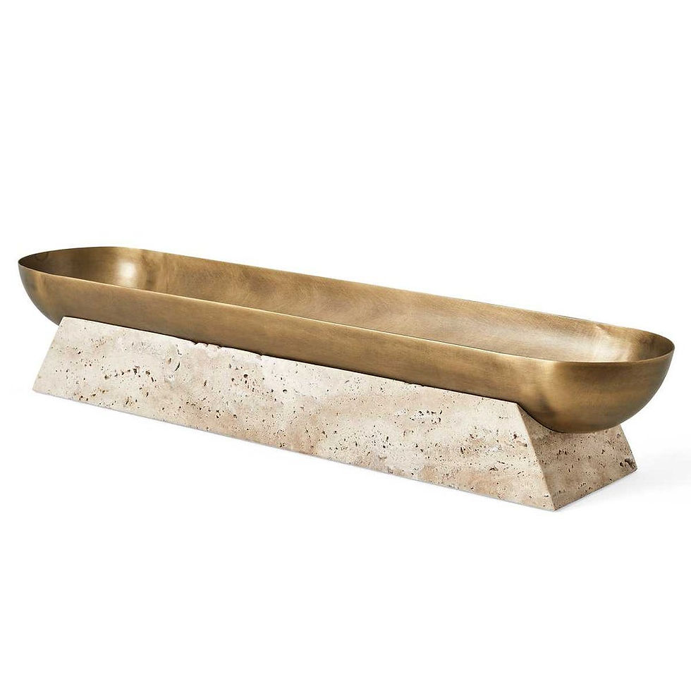 Thumbnail: Decorative brass tray on stone base. Display piece, home decor Inspirations Raleigh.