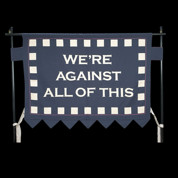 A Banner with the text: We're Against All of This on a dark blue background with a linen square border