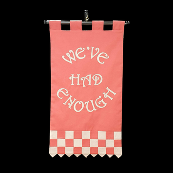 dark salmon coloured banner with checkerboard effect at the bottom. We've Han Enough written in cursive text