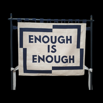 Bold navy and white banner saying Enough is Enough with a disjointed border