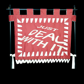 Dark pink banner with Just Deal With It written as if in perspective in off white